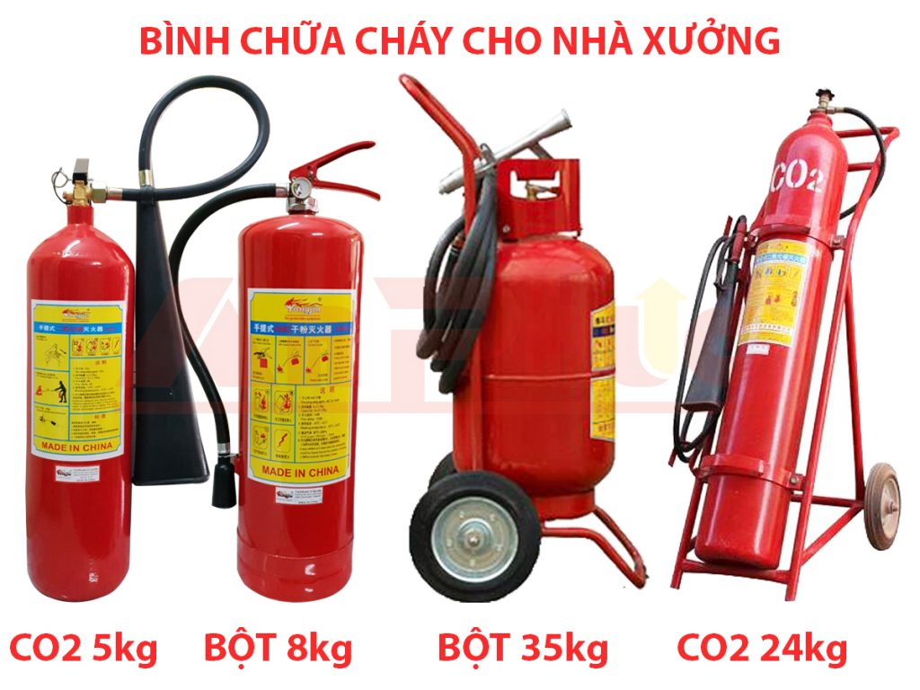 Các loại bình chữa cháy bột và khí CO2 dùng cho nhà xưởng